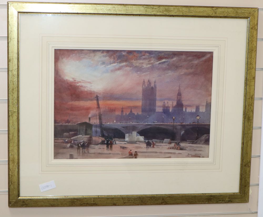 John Haley, watercolour, Westminster from The Thames, signed, 36 x 52cm